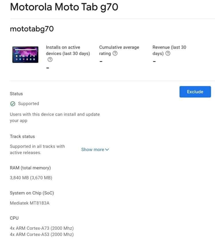 Moto Tab G70 Spec