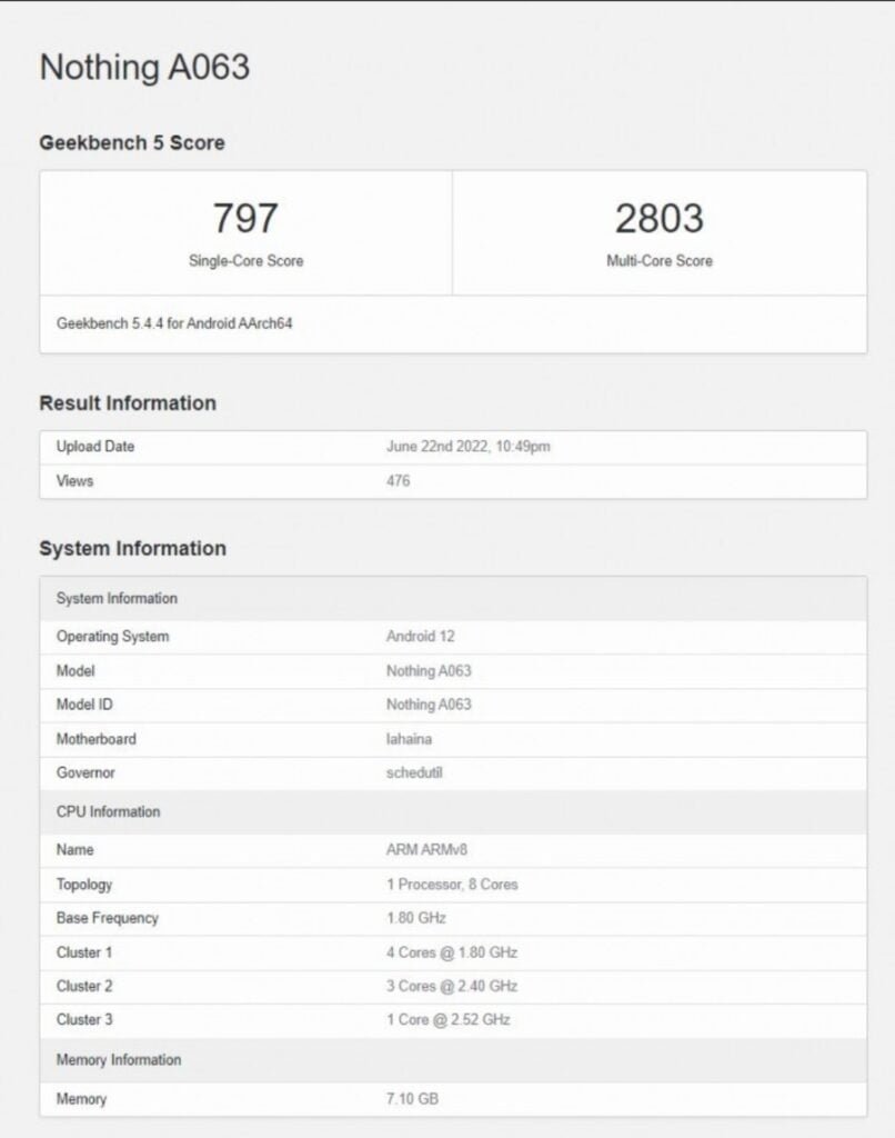 Nothing Phone 1 Geekbench score