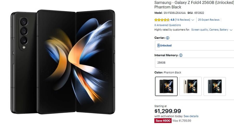 Galaxy Z Fold 4 currently selling for $1299 at Best Buy